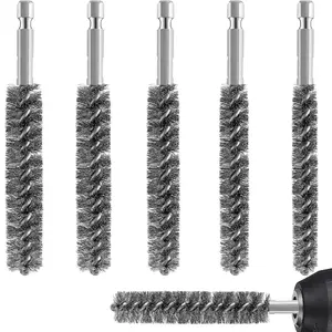 Stainless Steel Bore Brush, Stainless Steel Bristles Wire Brush with Hex Shank Handle for Power Drill, 6 Pcs Assorted Sizes from 0.8cm to 1.9cm