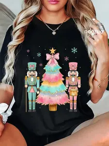 100% Cotton Pastel Nutcracker Soldier Pink Bow Christmas Tree Women Girl T-Shirt