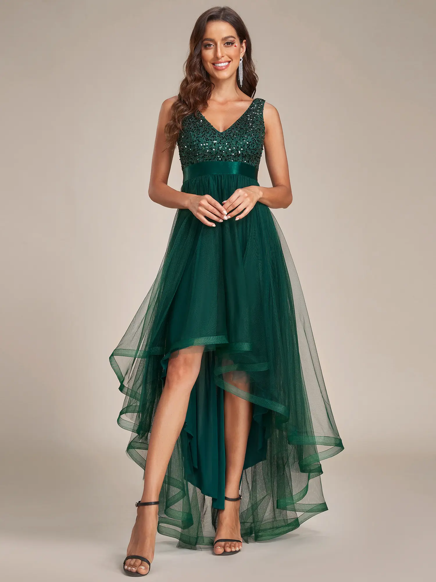 Ever-Pretty Women's Classic Sleeveless V-Neck Sequin Bodice Tulle High-Low Formal Dress - Ribbon Waist, Asymmetric Cut, Hidden Zipper, All Seasons - Ideal for Dances, Baby Shower, Black Tie, Bachelorette Party (Style 0147)