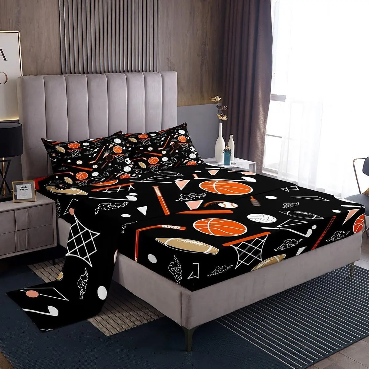 Rugby Hockey Bed Sheets Sets Baseball Football Bedding Set Volleyball Cooling Fitted Sheet with 16-Inch Deep Pockets Ball Print Black