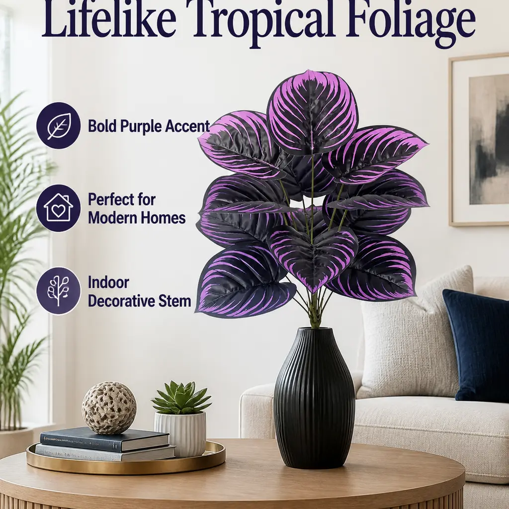 Artificial Purple Calathea Plant 12 Leaves 23in Fake Tropical Foliage Home Decor