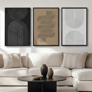 Large Framed Boho Modern Neutral Abstract Wall Art for Living Room, 3 Piece Black and White Canvas Prints Paintings Artwork for Walls, Geometric Pictures for Office Bedroom Dining Room Decor, 24x36 In
