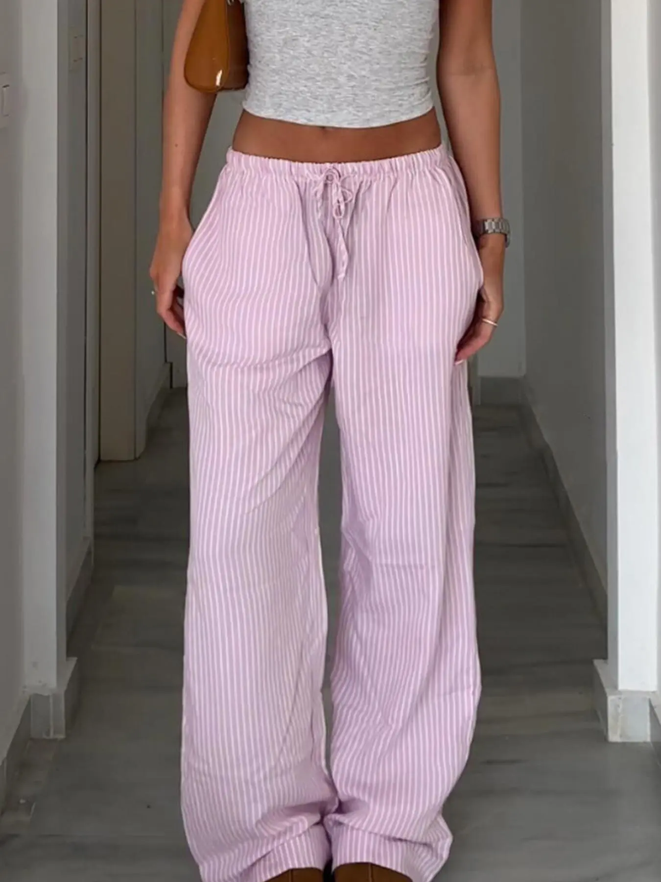 Women's Striped Print Drawstring Waist Wide Leg Pants, Casual Trendy Versatile Comfy Trousers for Summer, Fashion Women's Bottoms for Daily Wear, Casual Lounge Pant