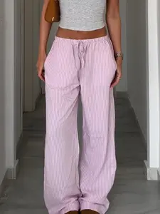 Women's Striped Print Drawstring Waist Wide Leg Pants, Casual Comfy Trousers for Summer, Fashion Women's Bottoms for Daily Wear, Casual Lounge Pant
