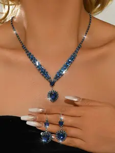 Luxury Blue Zircon Fashionable Jewelry Set, Ocean Heart Necklace & Earrings, Elegant Bling, Perfect for Parties and Weddings, Ideal Gift