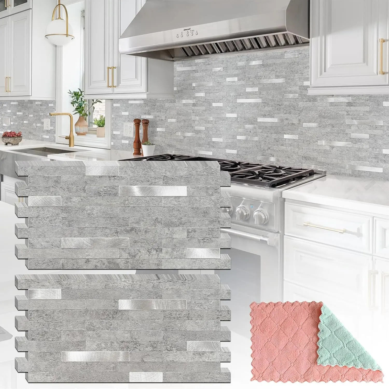 20 Sheets Durable Synthetic Peel and Stick Backsplash Tiles Sticker - Slate Gray with Metal Silver Look, High-End Marble-Inspired, Cost-Effective for Kitchen, Bathroom