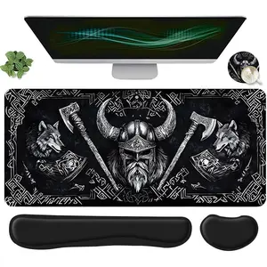 Pirate Wolf & Axe Pattern Mouse Pad Set, Mouse Pad & Keyboard Wrist Rest & Mouse Wrist Rest & Coaster, Ergonomic Wrist Support, Computer Mat Suitable for Home Office Gaming, Gaming Mouse Pads