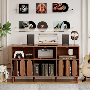 55" Large Record Player Stand, Wood Rustic Vinyl Record Storage Cabinet with Charging Station, 2 Outlets & USB Ports, Modern Wide Turntable Stand with Open Shelves Holder Walnut