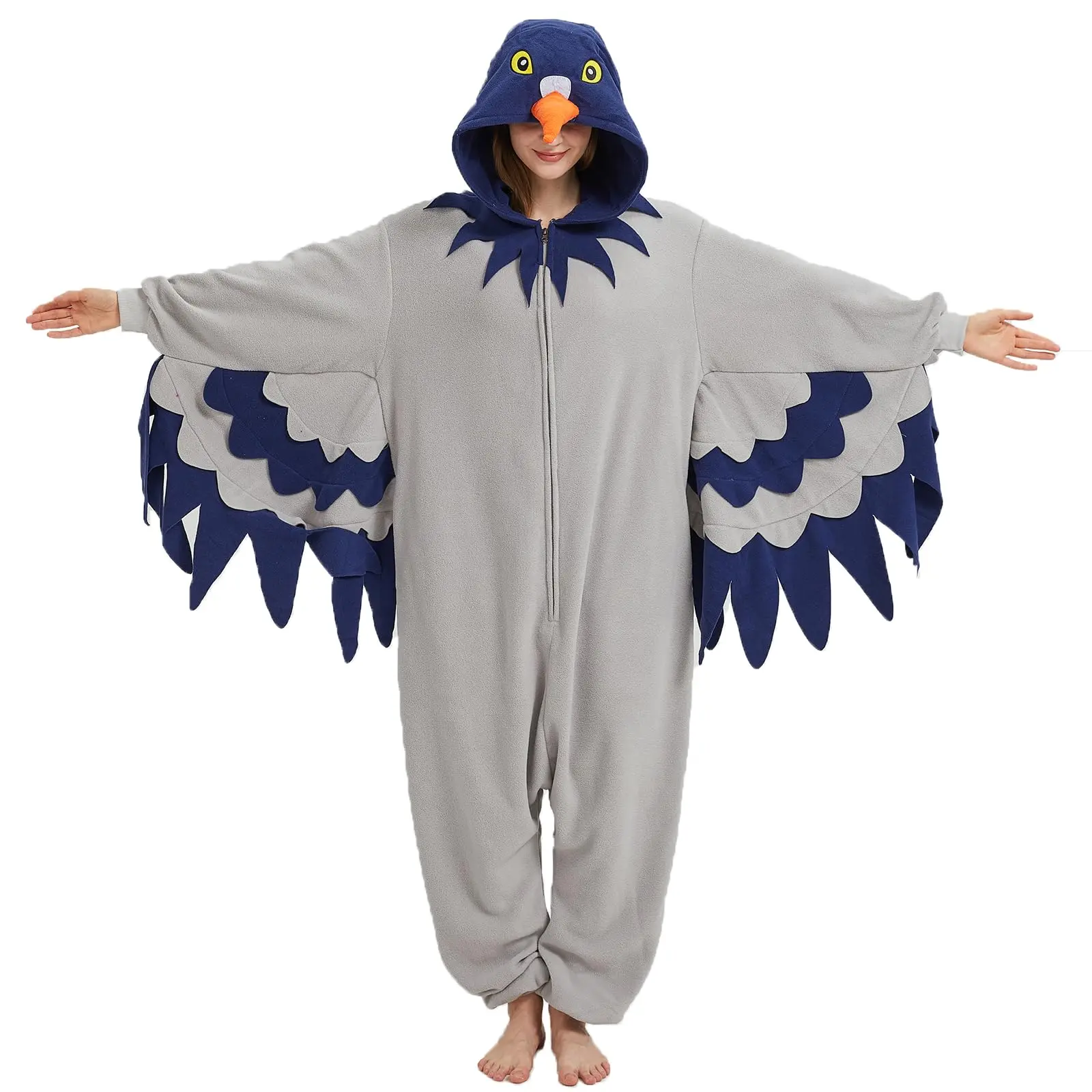 Women's Comfortable Cartoon Pigeon Hoodie Onesie - Gray & Blue Polyester Long-Sleeve Regular Loungewear with Hood, Wing Details, Zipper Front for Private Party Wear