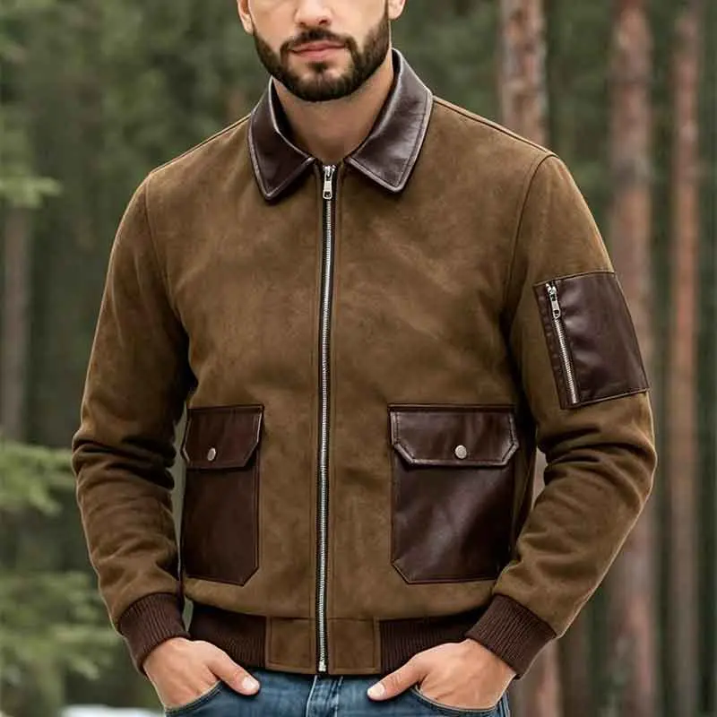 Men's Brown Patchwork Retro Suede Workwear Jacket - Top Menswear with Multiple Pockets for Casual Wear