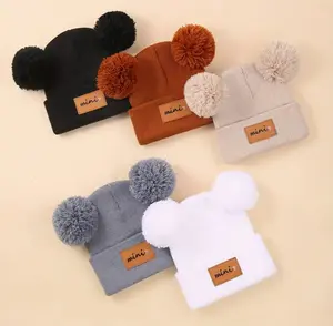 5pcs mini Label Double Line Ball Knit Beanie Set