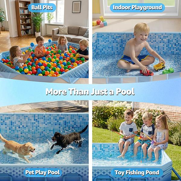 101 inch (approx. 256.5 cm) foldable swimming pool, suitable for adults and children. Non-inflatable pool with metal frame, thickened PVC and PP board support. Large stable foldable swimming pool, ideal for family, dogs,