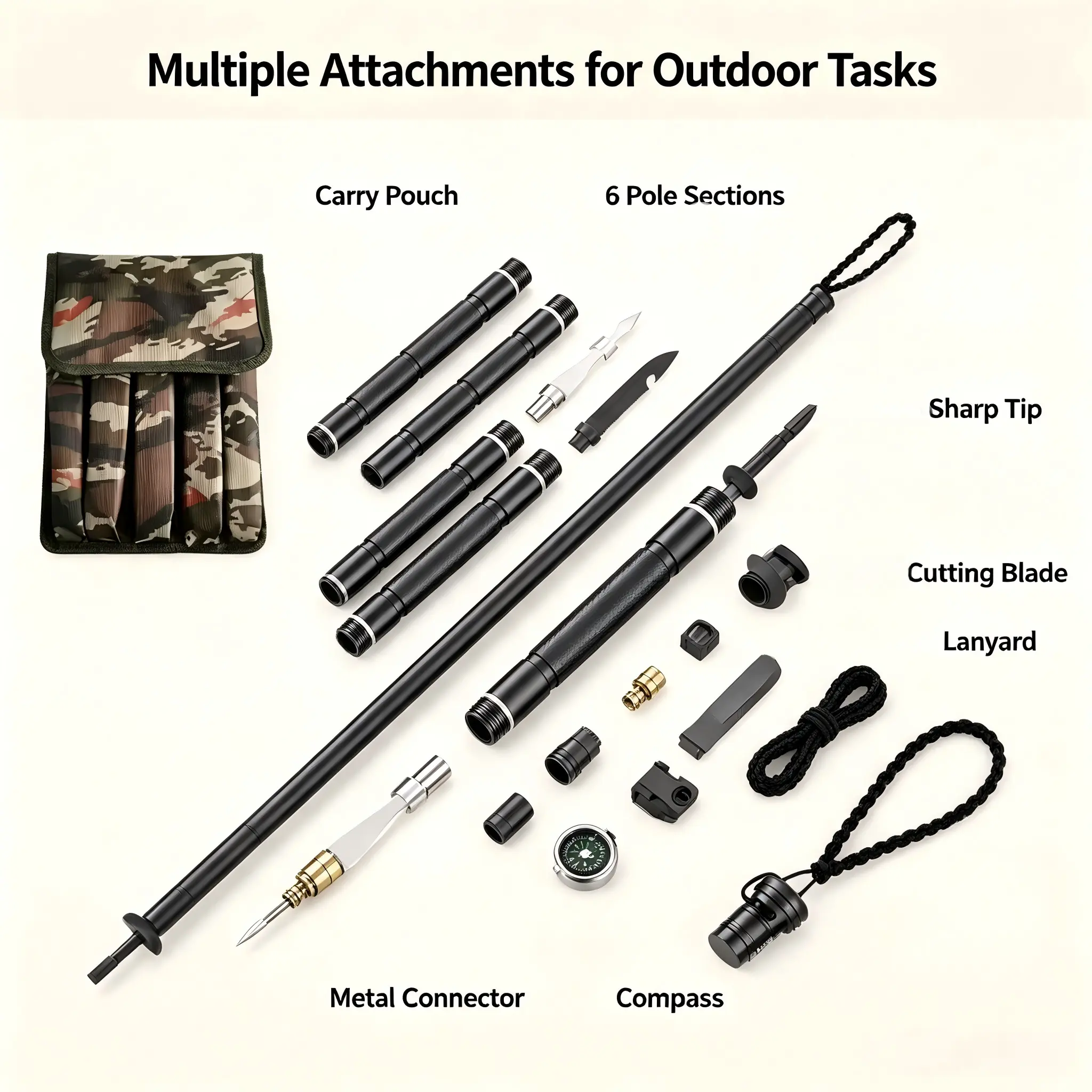 Multifunctional Multi-Section Folding Trekking Pole, Outdoor Camping Survival Tool with Storage Bag for Hiking Adventures