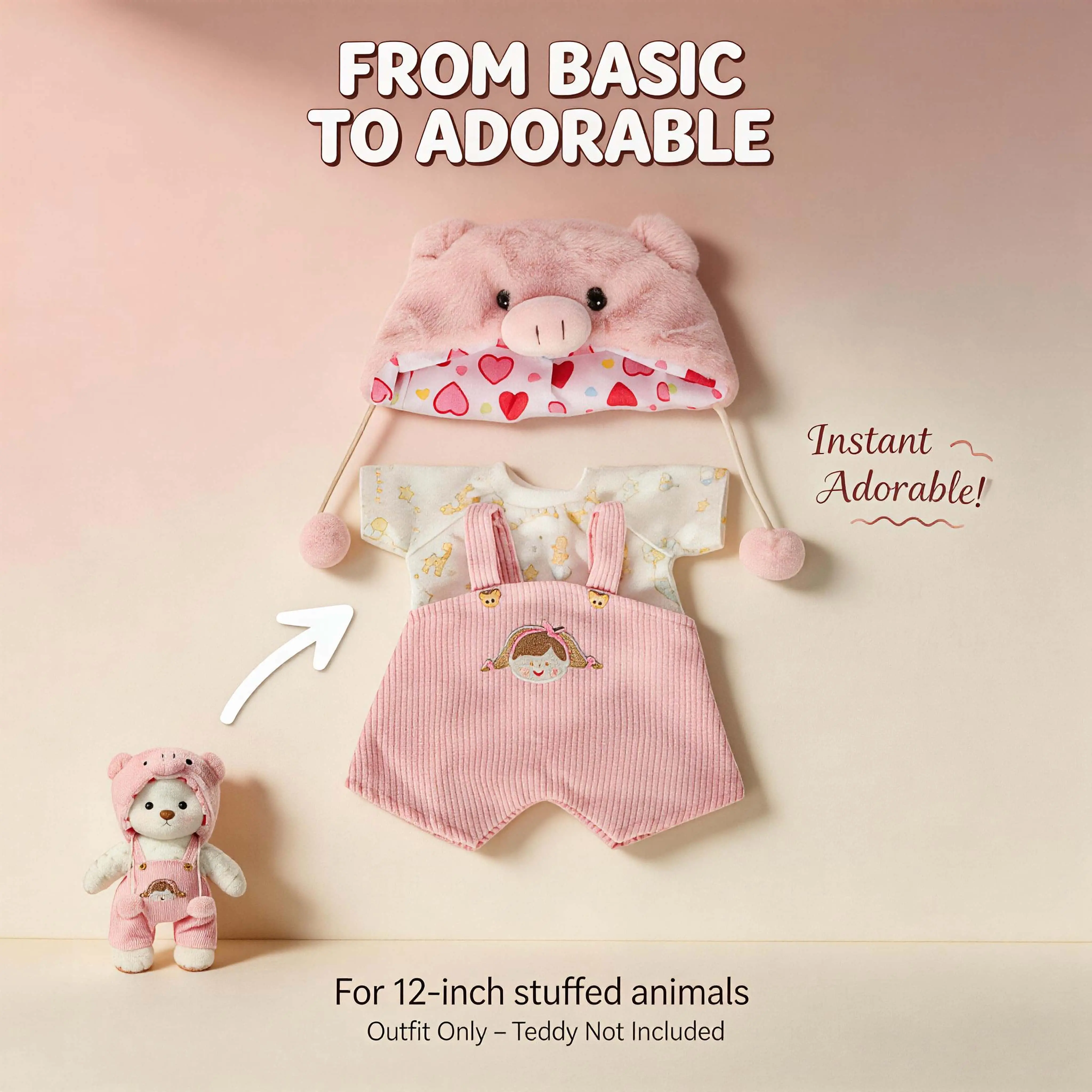 12-inch pink piggy overalls set