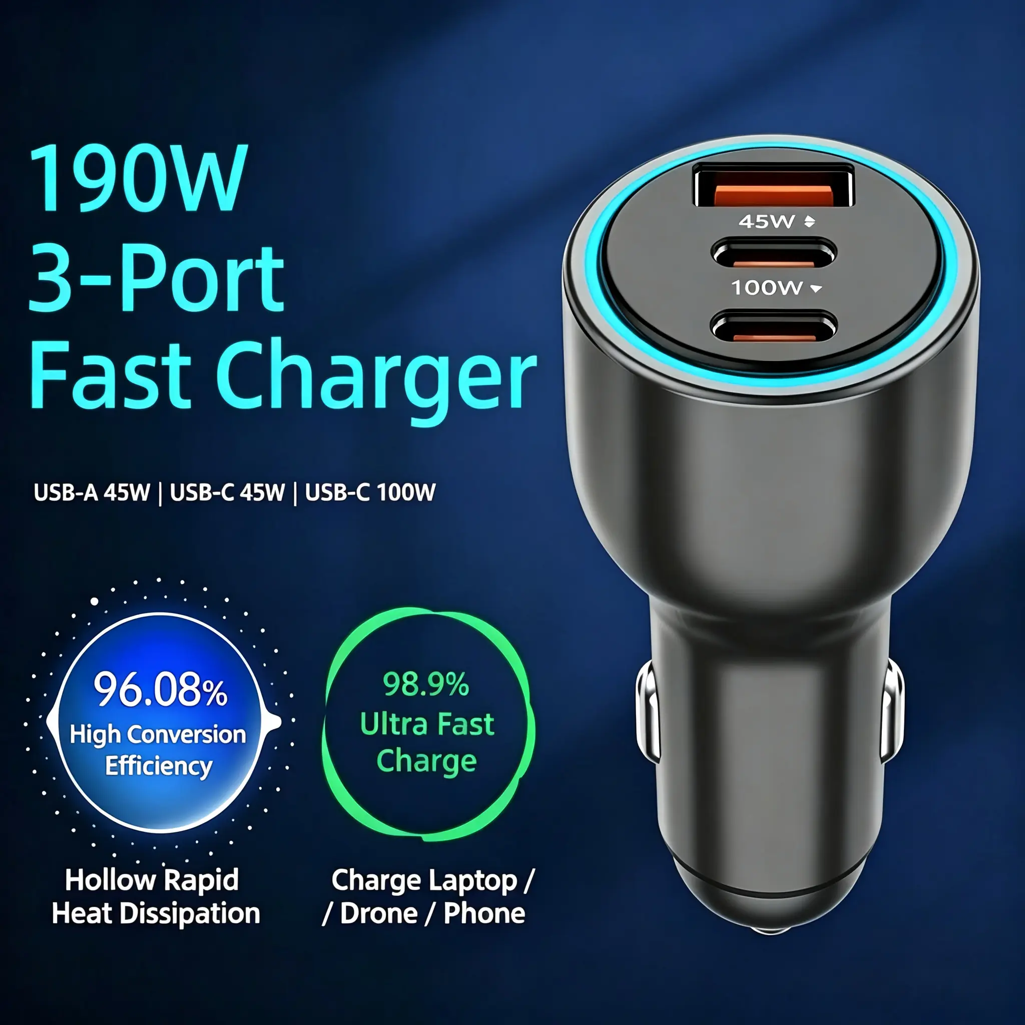 190W 3 Port Car Charger Fast Charging 100W+45W PD USB C QC3.0 Cigarette Lighter Adapter For Laptop ,Drone , Electric Baby Car Seat, iPhone17/16/15,Android Phone, Tablet, Camera