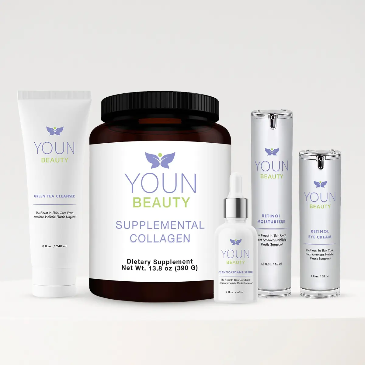 YOUN Beauty Gen X Skincare Bundle 5 Product Set - Green Tea Cleanser, Collagen, Retinol Moisturizer & Eye Cream for Adults 40s 50s