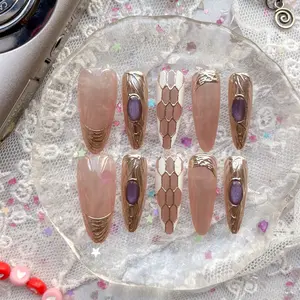 Custom Long Almond Ombre Press On Nails | Nude Pink with Gold Mesh & Foil | Purple Cat Eye Gem Accent | Elegant Luxury Nail Set
