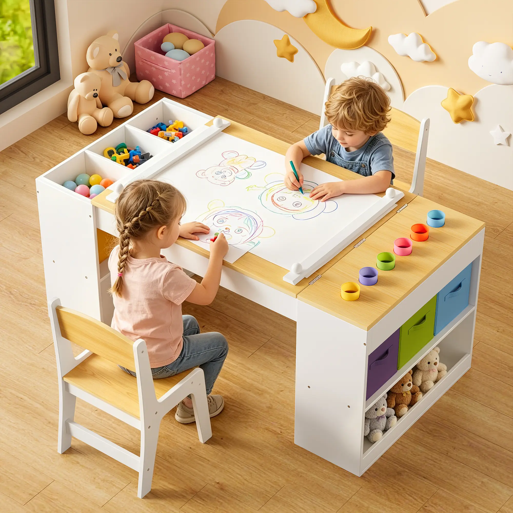 Wooden Kids Art Table & Chairs Set - 3-Piece Children's Interior Furniture, Rectangular Activity Desk with 6 Bins, 2 Shelves, Paper Roll for Drawing, Learning at Home