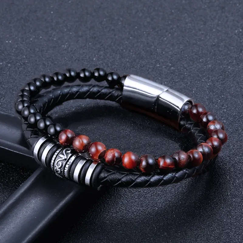 SofiaDesignsBoutique Men's Boho Multilayer Braided Faux Leather Jewelry - Natural Red Tiger's Eye, Obsidian Crystals Bracelet with Magnetic Closure, Crystals Bracelets