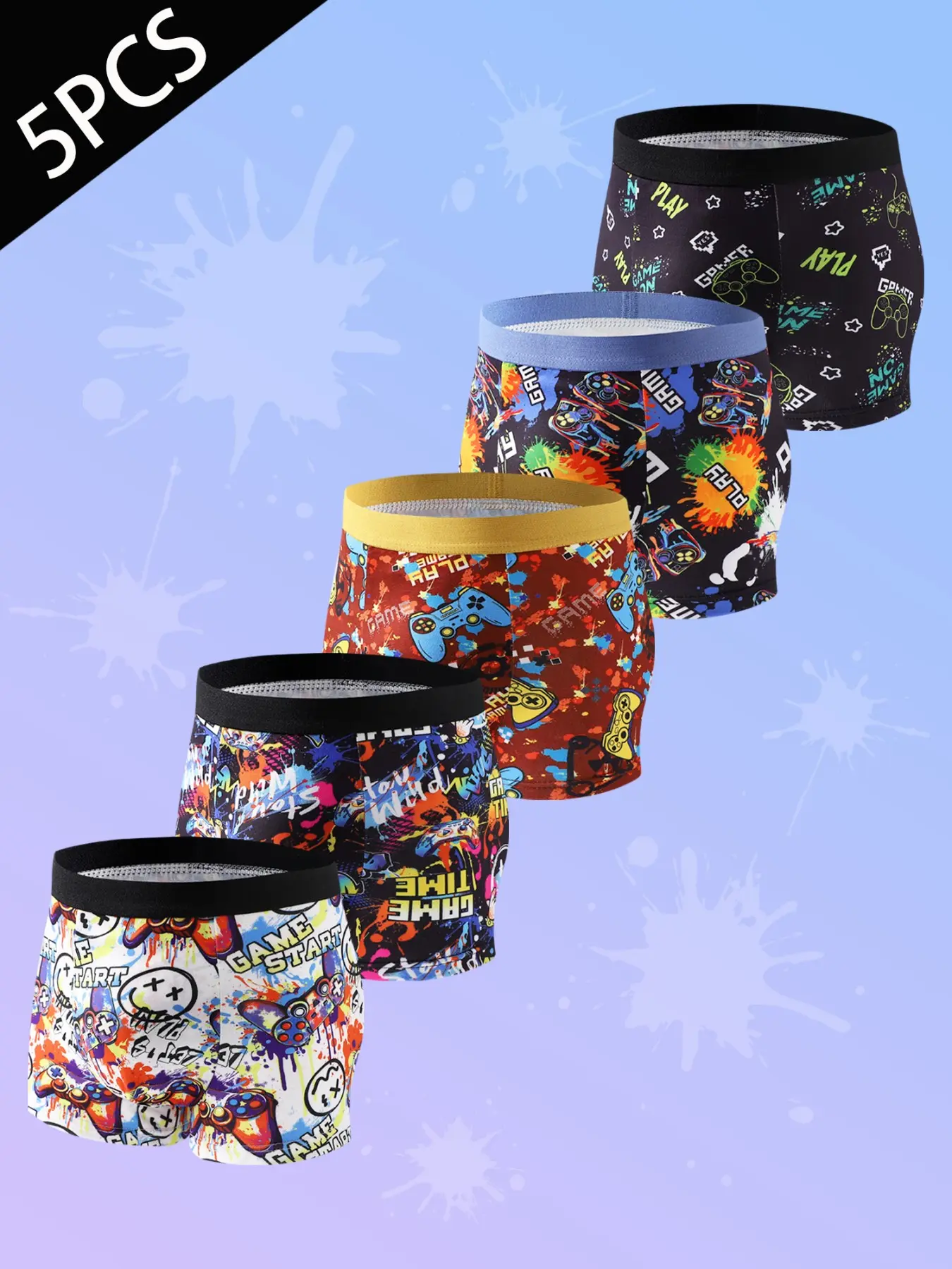 5-Pack Boys' Boxers, Printed Trunks, Cartoon Street Style, Slim-Fit, Soft & Comfortable, Outdoor & Home Wear, Ages 8-12, Sporty Swimsuits