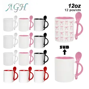 AGH US 12 OZ Ceramic Sublimation Blank Coffee Mug Cups with Tea Spoon 12pcs/Carton for Custom DIY Valentine's Decor Friend Gifts