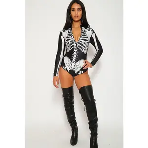 Sexy Black White Skeleton Bodysuit Zipper Costume