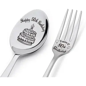Happy 50th Birthday Spoon&Fork Gifts Engraved Spoon&Fork Personalized Birthday Gifts for Father Mother Grandpa Grandma Family Elders Friends