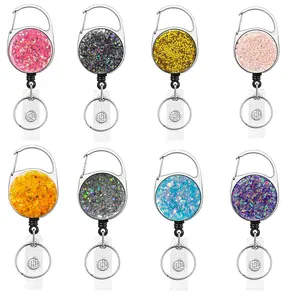 Round Glitter Badge Holder, 1 Count Retractable Badge Reel, Identification Badges & Supplies for Students & Teachers & Nurses & Doctors