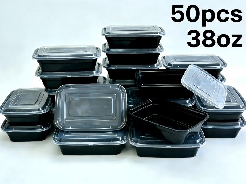 50 pieces, 38 ounces, black rectangular food storage container, meal container, disposable plastic portable with lid container, lunch box, stackable, suitable for microwave oven and dishwasher, kitchen organizing and storage supplies, outdoor camping