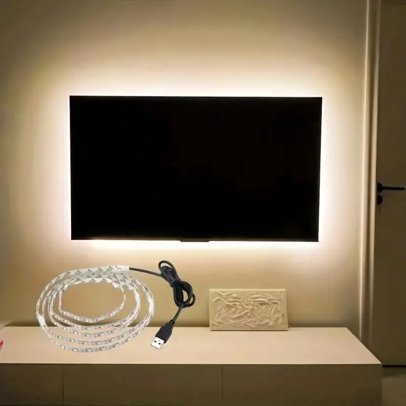 USB Powered LED Strip Light, 1 Count 5V 2835 Warm White Flexible LED Light, TV Background Lighting Tape, Home Decor Lamp For TV, Bedroom, Cabinet, Kit