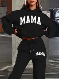Hooded Sweatshirt Set, Casual Loungewear Set for Fall & Winter, Mama Letter Print, Casual Style, Loose Fit, Comfortable Daily Wear