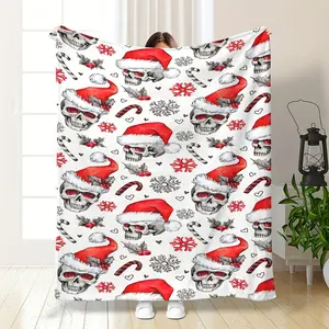 Comfortable skull and Christmas hat blanket - Soft flannel, tear-resistant, suitable for home beds, sofas, dormitories, and offices - machine washable