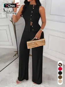 Women's Spring Summer Casual Two-Piece Set, Round Neck Sleeveless Top with Studs, High Waist Wide Leg Pants, Plain Pattern, Womenswear