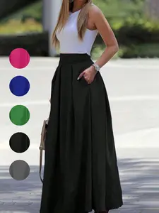 Women's Plain Plicated A Line Woven Skirt, Casual Fitted Pocket Elastic Waist Long Skirt for Summer, Ladies Bottoms for Daily Wear