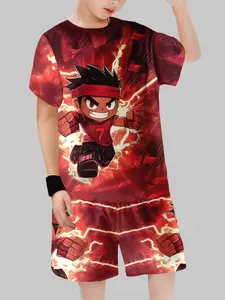 Boys' Flame Anime Character Cool Set, Character Prints, Lightning Effect Cartoon Short Sleeve & Shorts Two-Piece, Casual Fitted Daily Wear Round Neck Set