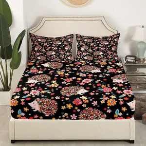 Hedgehogs Kids Fitted Sheet,Watercolor Flowers Plants Retro Bedding Set,Girls Boys Adults Bedroom Decor,Wild Anmals Cartoon Bed Cover,Colorful Bright Bed Sheet