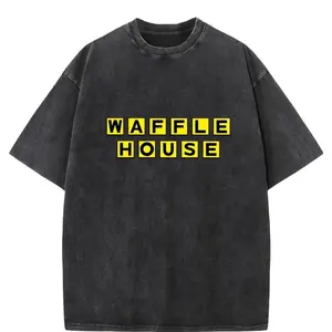 Short Sleeve Acid Washed Vintage Oversized Streetwear T-Shirt, Casual Baggy Tee, Workout "Waffle House" Text Print Tops For Women Men - graphic tees