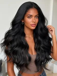 Synthetic Lace Front Wig 13×4 HD Pre Plucked Black Lace Wig Lace Frontal Wig for Women 26 Inch Long Layered Wavy Wigs Body Wave Wigs for Beginner Daily Party Wear Lace Front Hair