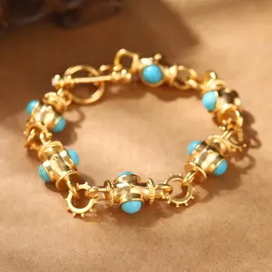 18K Golden Plated Turquoise Geometric Link Vintage Boho Inspired Alloy Bracelet - Ideal for Daily Wear & Parties for Women