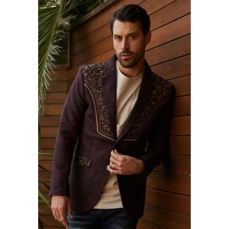 Platini Men's Brown Embroidered Suede Blazer