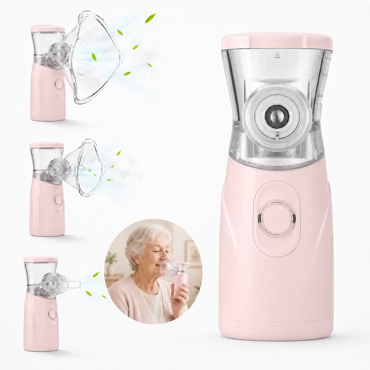 Light Pink Portable Mesh Nebulizer - Quiet USB Rechargeable Handheld Atomizer with 2 Mist Modes, Adjustable Gentle Mist, Lightweight Design, Daily Relaxing Use, Kids & Adult Masks for Home, Travel