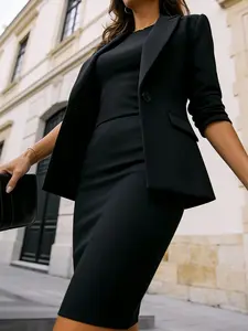 Two piece high-end Elegant black suit with hip skirt set for women in early autumn, Long sleeve, slimming professional two-piece set, suitable for all seasons