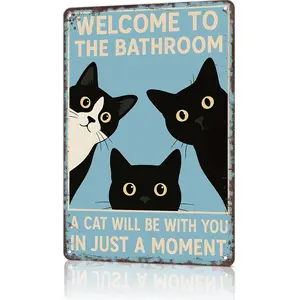 Vintage Black Cat Metal Sign-"Welcome To The Bathroom A Cat Will Be With"Funny Tin Signs Poster For Bathroom Home Dorm Decor 8 X 12 Inch Hanging