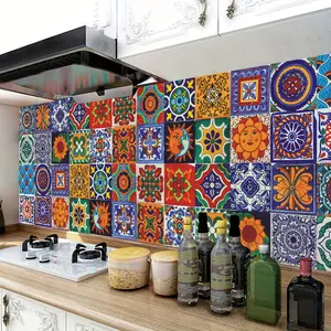 Mexican Style Square Pattern Tile Self-Adhesive Wall Stickers - 1 Set of Retro Wall Decals for Living Room, Kitchen, Bathroom & Home Decor