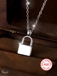 S925 Sterling Silver Minimalist Lock Design Pendant Necklace, Street Trendy Charm Necklace, Fashion All-match Jewelry for Women & Men As Gift with Box, Trendy Charms Necklace