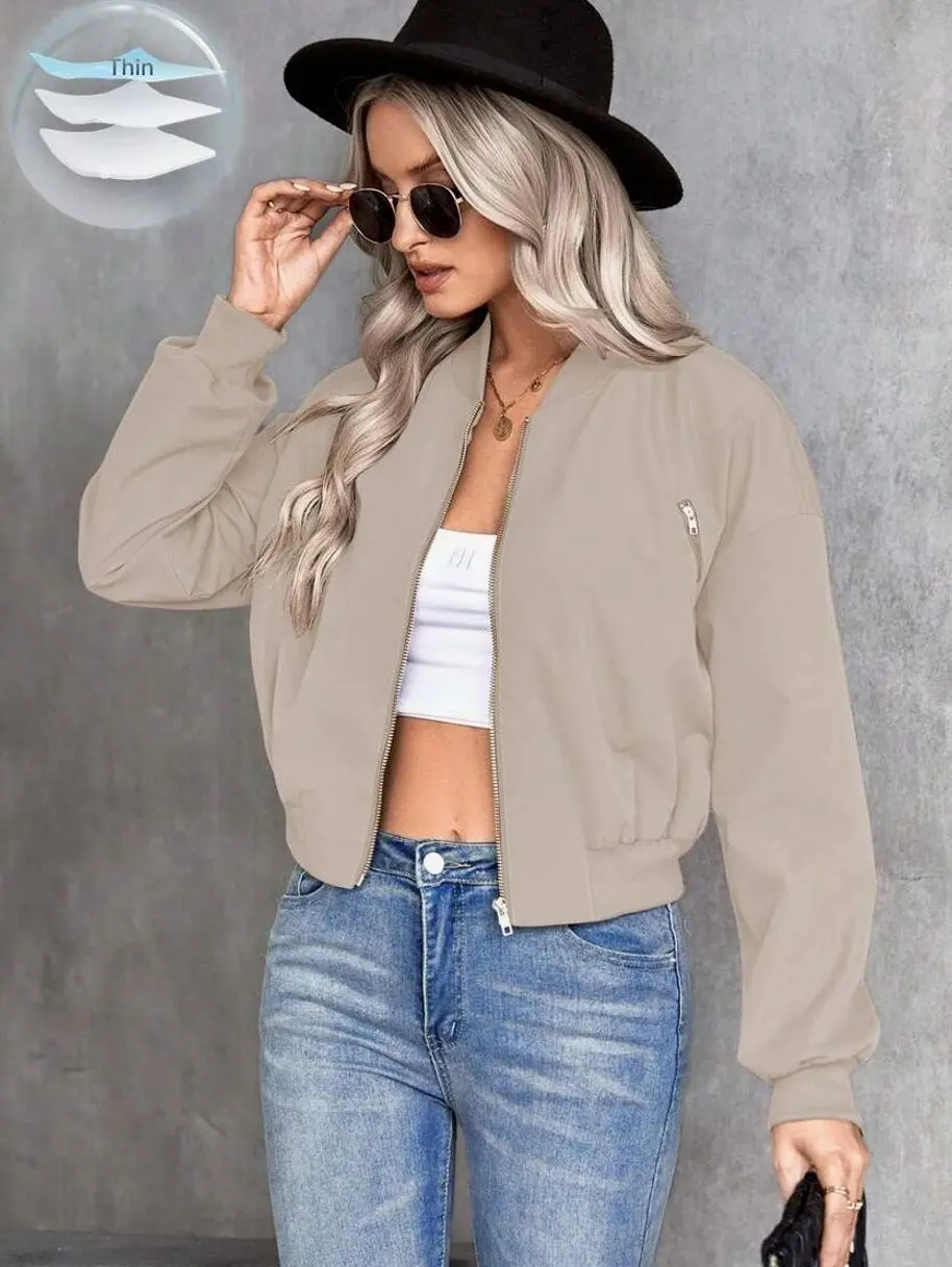 Women's Solid Color Bomber Jacket, Zipper Closure Lightweight Casual Fall Winter Coat