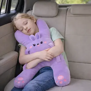 Kids Car Neck Pillow with Seat Belt Safety Sleep Aid for Children Prevent Leaning Head Back Soft Plush Pig Design Comfort During Long Distance Travel