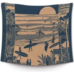 Beach Coastal Trendy Wall Tapestry, Retro Surfing Summer Ocean Wall Tapestry Hanging for Bedroom Beach House, Beachy Ocean Tapestries Wall Decor Art for Dorm Living Beachy Room 50x60in