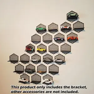 1PC, a modular hexagonal wall-mounted display stand for 1:64 scale cars. The display base features a honeycomb pattern. It is often suitable for collectors, enthusiasts and designers, who wish to showcase their cars in an elegant and stylish manner.
