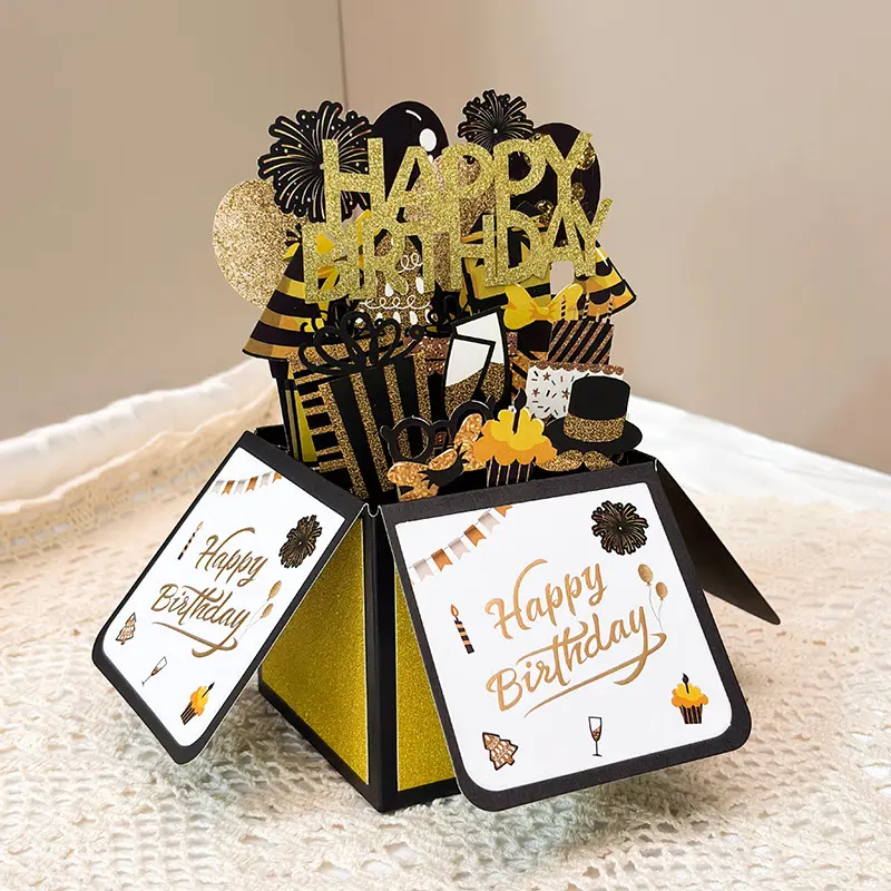 FuRise Luxury 3D Popup Greeting Card & Invitation Envelope, Handmade Black-Gold Foldable Birthday-Themed Greeting Card & Invitation Envelope (Office Stationery), Birthday-Themed Greeting Card & Invitation Envelopes, Popup Greeting Card & Invitation Envelo